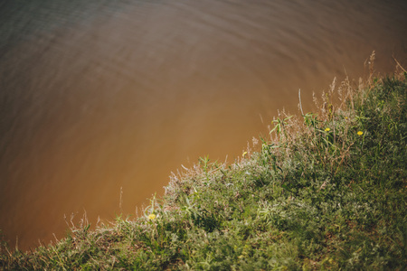 Lake view from the top. Place for text.の写真素材