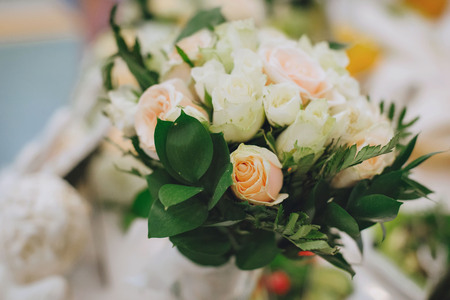 Wedding bouquet. White roses and purple flowersの写真素材