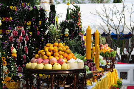 Thai traditional tray with rice offering pedestal  pan bai sri  in the ceremony の写真素材