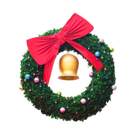 Green christmas wreath with decorations, isolated on white background の写真素材