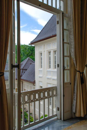 From balcony, side view of Phra Ramratchaniwet  Baan Puen  Palace, Phetchaburi, Thailandのeditorial素材