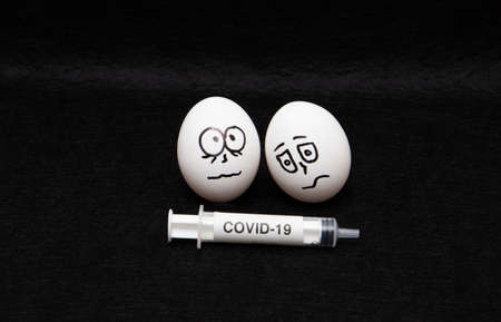 covid-19 and coronavirus eggs drawn frightened faces alcohol syringe