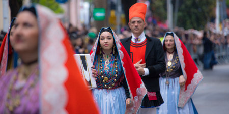 SASSARI, ITALY - May 19th, 2019- Sardinian cavalcade, traditional Sardinian clothes, cagliari dress
