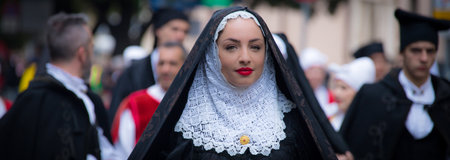 SASSARI, ITALY - May 19th, 2019- Sardinian cavalcade, traditional Sardinian clothes, Tempio Pausanian dressのeditorial素材