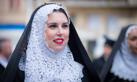 SASSARI, ITALY - May 19th, 2019- Sardinian cavalcade, traditional Sardinian clothes, Tempio Pausanian dressのeditorial素材