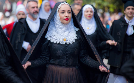 SASSARI, ITALY - May 19th, 2019- Sardinian cavalcade, traditional Sardinian clothes, Tempio Pausanian dressのeditorial素材