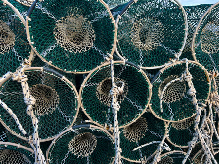 Pile of fishing nets in the port, closeup of photoの写真素材