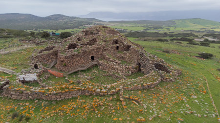 aerial view of the nuraghe di seruci, gonnesa, south sardiniaの写真素材