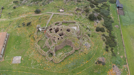 aerial view of the nuraghe di seruci, gonnesa, south sardiniaの写真素材