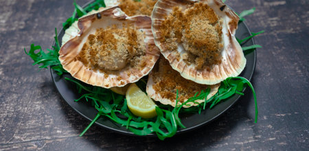 scallops au gratin cooked in the oven with parsley and lemon