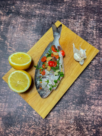 gilthead sea bream en papillote with cherry tomatoes, garlic and capers ready for cooking in the...