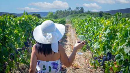 Young woman with glass of wine in vineyard on sunny day, back viewの写真素材