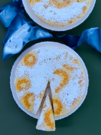 mandarin cake with fresh mandarin pieces and icing sugarの写真素材