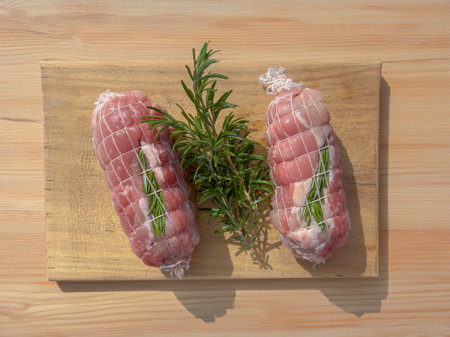 rolled chicken with roamsrino and spices ready to cookの写真素材