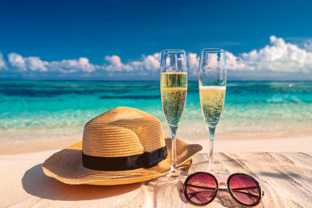 Two glasses of champagne on tropical beach with hat and sunglasses. Summer vacation conceptの写真素材