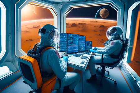 Astronauts working on a spacecraft interplanetary scenario