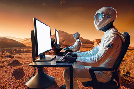 Astronauts working on a spacecraft interplanetary scenario