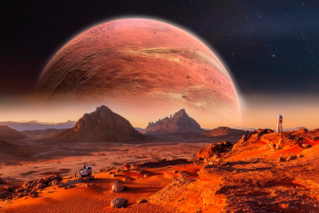 Astronauts working on a spacecraft interplanetary scenario