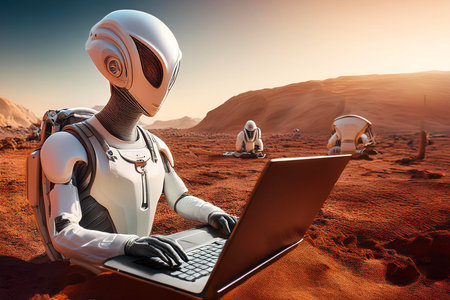 Astronauts working on a spacecraft interplanetary scenarioの写真素材