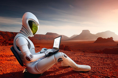 Astronauts working on a spacecraft interplanetary scenarioの写真素材