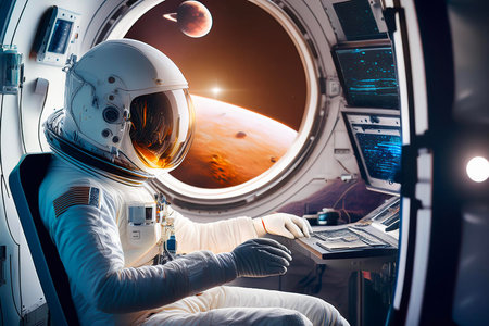 Astronauts working on a spacecraft interplanetary scenario