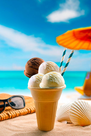 Ice cream in cone on sandy beach with sea and blue sky background