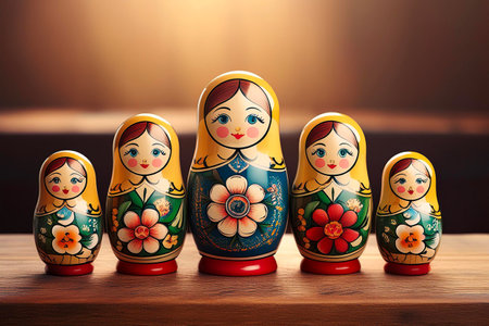 Five colorful matryoshka dolls, also known as Russian nesting dolls, are arranged on a wooden surfaceの写真素材