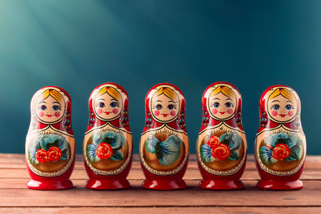 Five colorful matryoshka dolls, also known as Russian nesting dolls, are arranged on a wooden surfaceの写真素材