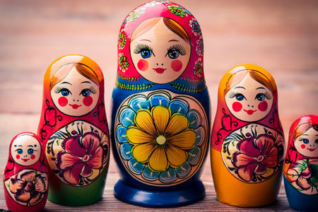Five colorful matryoshka dolls, also known as Russian nesting dolls, are arranged on a wooden...
