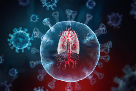 Microscopic view of coronavirus attacking human lungs, causing respiratory infection and potentially...