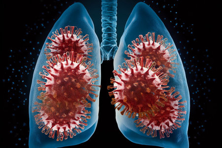 Microscopic view of coronavirus attacking human lungs, causing respiratory infection and potentially...