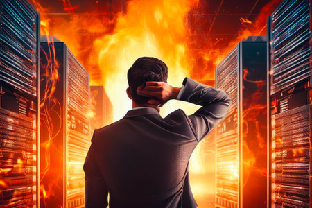 Stressed technician holding his head while looking at server racks in a data centerの写真素材