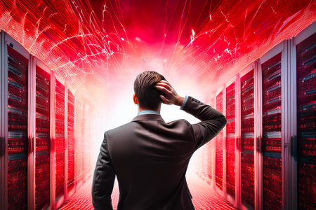 Stressed technician holding his head while looking at server racks in a data center