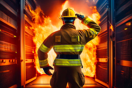 Firefighter assessing damage in burning server roomの写真素材