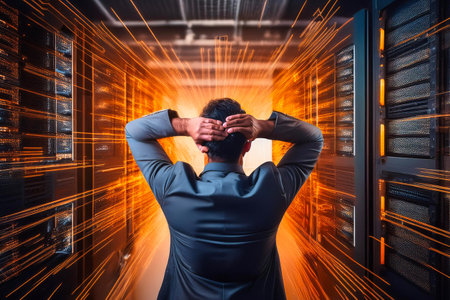 Stressed technician holding his head while looking at server racks in a data centerの写真素材