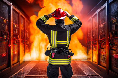 Firefighter assessing damage in burning server roomの写真素材