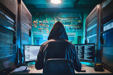 Hacker launching global cyberattack from laptop in server room, targeting world map networkの写真素材