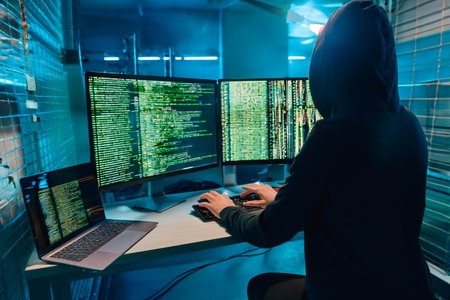 Hacker launching global cyberattack from laptop in server room, targeting world map network