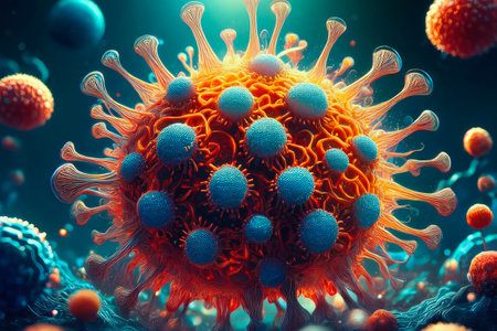 Microscopic view of hku5 virus, a human coronavirus, moving on a dark blue background