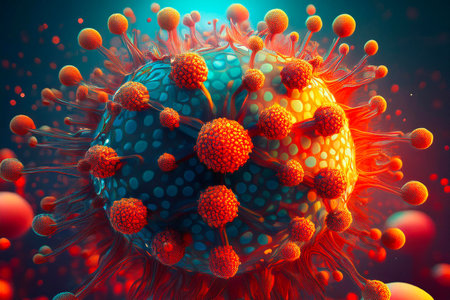 Microscopic view of hku5 virus, a human coronavirus, moving on a dark blue background