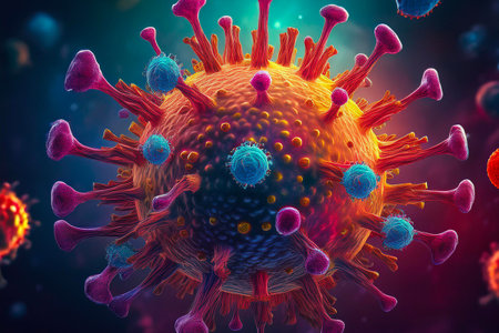 Microscopic view of hku5 virus, a human coronavirus, moving on a dark blue background