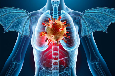 Hku5-cov-2 bat wings holding hku5 coronavirus in front of human chest x-rayの写真素材