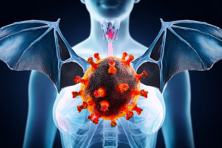 Hku5-cov-2 bat wings holding hku5 coronavirus in front of human chest x-ray