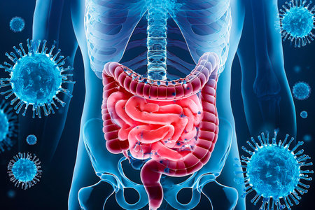 Viruses attacking human digestive system, medical concept