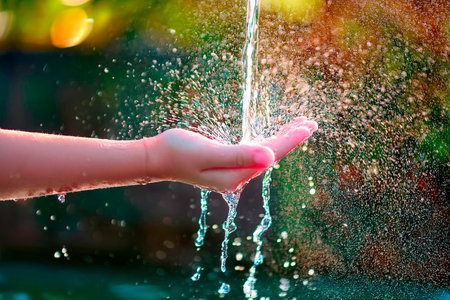 Child catching water in their hand, creating a beautiful splash in bright sunlightの写真素材