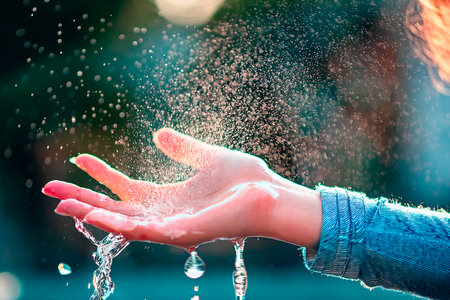 Child catching water in their hand, creating a beautiful splash in bright sunlightの写真素材