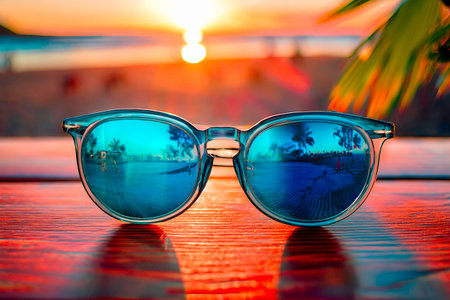 Sunglasses reflecting tropical beach at sunset on wooden tableの写真素材
