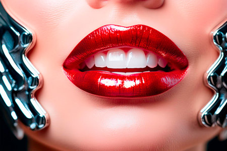 Close-up of a smiling woman with perfect teeth and red lipstickの写真素材