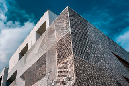 Modern glass building against bright blue sky with white clouds