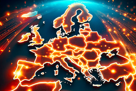 Europe map showing international connections and data flowの写真素材